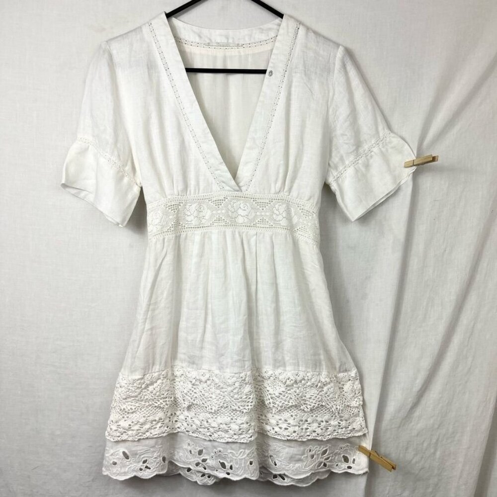 Nenette Linen Lace‎ Short Dress Women Small - Medium Coquette Cottage Romantic